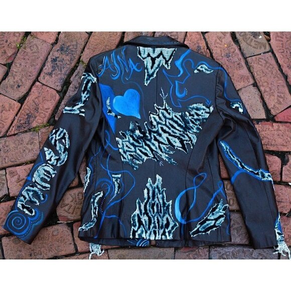 Vintage brown lambskin jacket; Hand painted, blue abstract unique hearts fringe - Picture 10 of 16